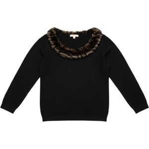 Vintage Sweater Black Faux Fur Trim Sweater Luxelon Animal Print Neck Medium